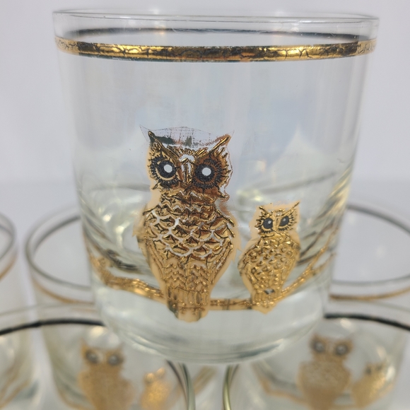 MID CENTURY VINTAGE LOW BALL GLASSES GOLD LEAF WITH OWLS SET OF 8 - Picture 8 of 13